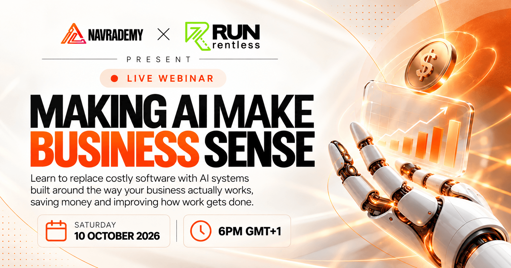 Making AI Make Business Sense October 2026 event artwork with Navrademy and Run Rentless